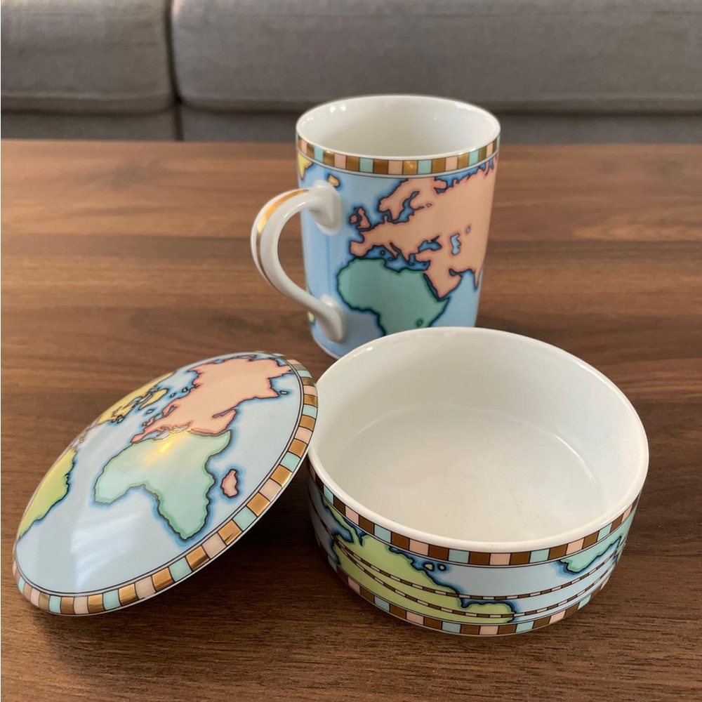 Tiffany & Co. Atlas collection Porcelain Map Lidded Trinket Box and Mug.